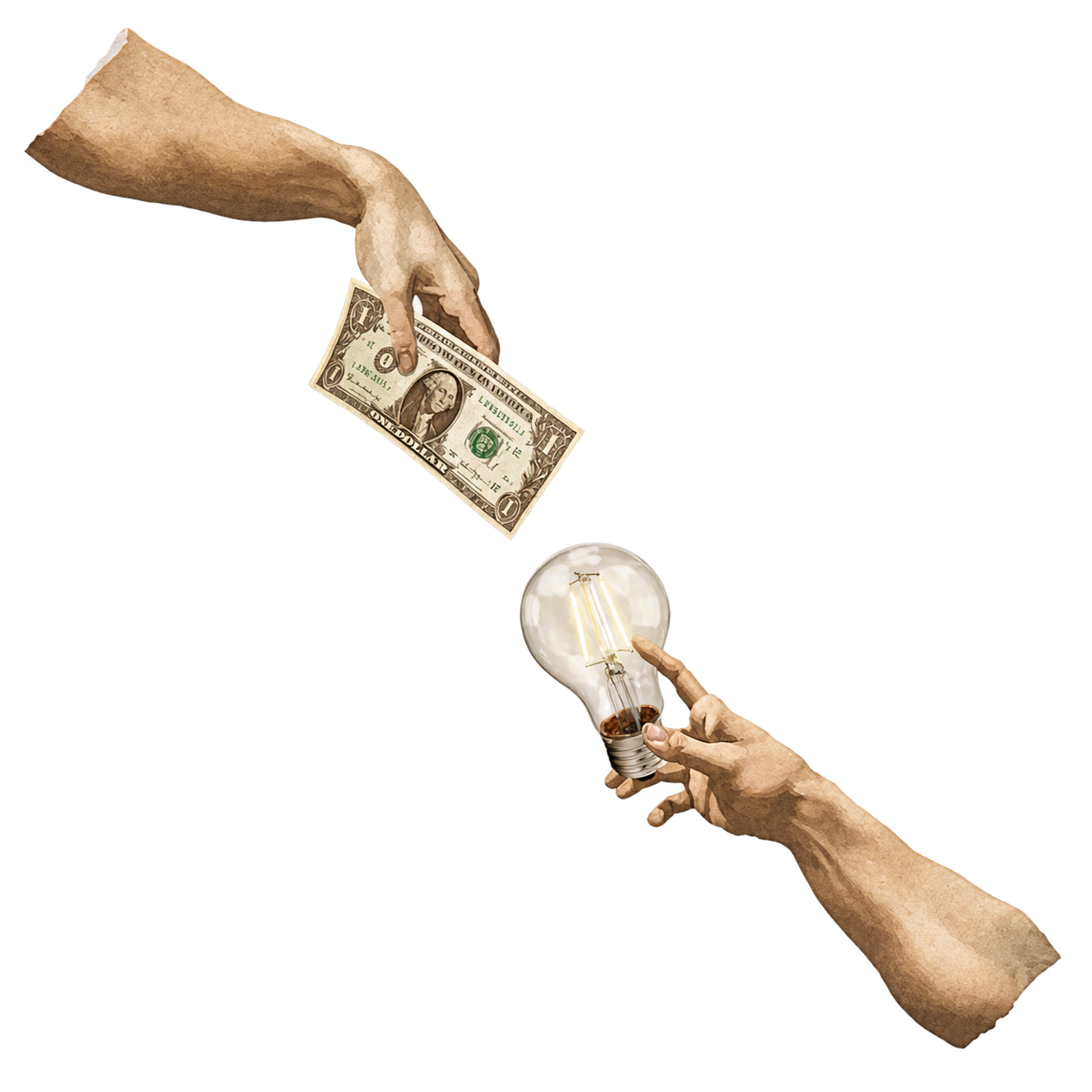 Una mano ofrece dinero a cambio de una idea representada por una bombilla